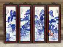Antique ceramic plate painting collection Wang Bu works mahogany inlaid porcelain plate painting blue and white Three Kingdoms four hanging screens