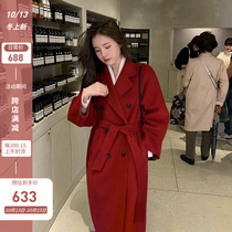 Winter pure handmade double-sided cashmere coat womens long knee 2021 new red wool jacket women