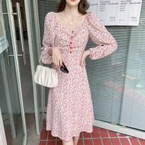 2021 new autumn chic coffee break French empty flowers pure desire wind floral chiffon dress female super fairy long skirt
