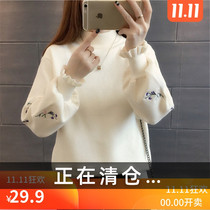 Autumn Winter New Embroidered Sweater Womens Sleeve Heads Short of students Undershirt Loose Korean version Long sleeves Knitted Sweatshirt Blouse Spring