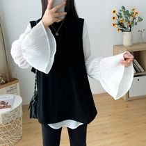 Plus size Spring New flared sleeve pleated shirt sleeveless vest set fat sister loose top two-piece set