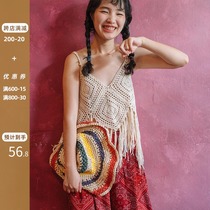 Travel womens bohemian hollow knitted blouse short tassel knitted camisole ethnic style top autumn