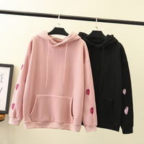 Large size womens sweater womens autumn and winter clothes 2019 new fat mm Korean version of age-reducing strawberry embroidery fleece hooded jacket