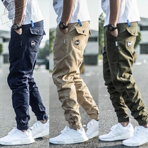 Yu Wenle tide brand spring and autumn new Korean version of the trend casual pants mens pants slim-fitting small feet Harun tie-foot overalls