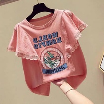 Girls summer loose short-sleeved T-shirt 2021 summer Korean version of the new medium-size child Lotus lace top