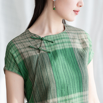 Strange flowers bloom original Orchid (green bamboo lead) dyed linen green plaid improved cheongsam Chinese dress