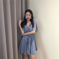 Lggstyle chic little fresh dei blue collection waist short sleeves one-piece dress high waist display slim 100 lap a short dress woman dress