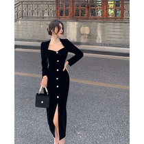 Dress women gold velvet French long sleeve with backing slim western style long skirt women sexy hip skirt