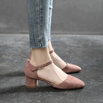 2021 autumn new chic womens shoes shallow shoes students square head word buckle high heels lady thick heel shoes tide