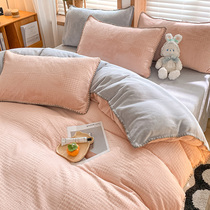 Coral velvet four-piece winter lock edge thickened warm waffle winter milk velvet bed sheet quilt cover fitted sheet
