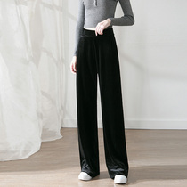 Gold velvet hanging lengthened pants High loose straight mopping the floor drop sense of high waist black wide leg pants womens spring and autumn