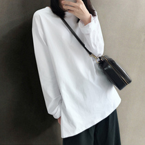 Spring and autumn 2021 new white round neck long sleeve T-shirt womens loose cotton t-shirt solid color large size top clothes