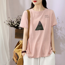 Han Soyi Retro Art Summer New Womens Clothing Stick Cloth Embroidered Short Sleeves T-shirt Woman Loose and Thin Round Collar Blouse