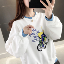 Fake Two Weater Womens Lazy Breeze Korean Edition Spring and Autumn Thin Jacket Fashion Cartoon Printed Students Loose Blouses