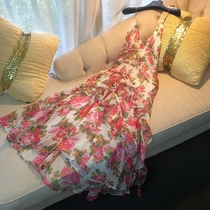 Thailand seaside Maldives long dress sexy V-neck backless pink floral sling dress women