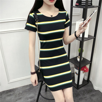 Spring Summer New Body Display Slim Cotton Medium Long Dress Color Striped Short Sleeve Big Code Home Tandem Dress Less Schoolgirl Tide