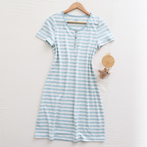 Japanese-style soft summer Tianzhu cotton nightdress cotton striped short-sleeved womens pajamas Good product special price comfortable home clothes