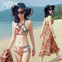 Retro swimsuit womens three-piece Beach Korea sexy hot spring print triangle neck Belly Belly size swimsuit skirt