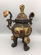 Pure copper and gold Ruyi Inlaid Agate Hexagon Smoked Incense Stove Ancient Play Imitation Ancient Bronze Ware Trifoot Smoked Incense Stove Home