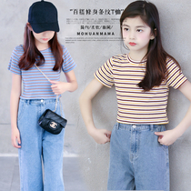 In the summer of 2021 the Korean version of the children's striped short-sleeved T-shirt short girl's foreign gas knitted top shirt