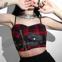 WEEKEEP design sense black red plaid sling vest female punk style zipper pocket handsome sexy top tide