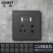 Chint type 86 switch socket black five-hole dual USB frameless gray 2 1A fast charge large panel porous household