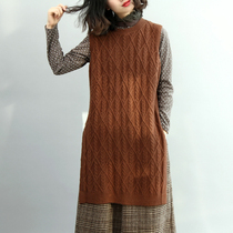 Clear-Clear-Side High Open Fork Round Neckline Long Horse Chia Sheep Wool Thread Hemp Blossom Loose Cafe