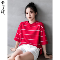 Ultra-fire cec net red pure cotton loose middle sleeve t-shirt female half sleeve short sleeve striped blouse summer bf windinglust