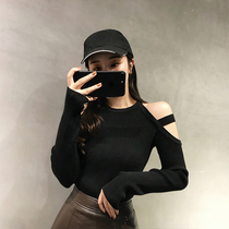 Tide brand off-shoulder knitted long-sleeved base shirt Womens 2020 Autumn and Winter new womens tight-fitting interior solid color sweater top