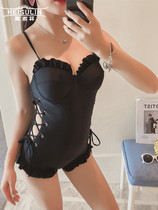 2021 new one-piece swimsuit female Conservative belly gathering cross lace-up open black lace hot spring bikini