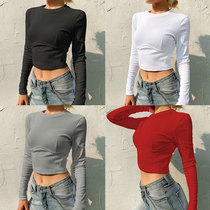 WEEKEEP solid color base knitted long sleeve Joker base shirt women outside wear short waist tight T-shirt chest tide