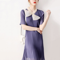 Japanese womens vintage elegant age reduction organza big bow neckline organ pleated short sleeve dress