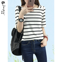 Spring Summer New Ins Tide Navy Wind lined with pure cotton blouses Student Striped Short Sleeve T-Shirt Woman Mid-Sleeve Undershirt