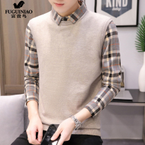 Fugui Bird Sweater Men's Fake Two-Piece Shirt Collar Plus Cashmere Thickened Trend Autumn and Winter Slim-Fit Knitted Shirt Men's Wear