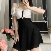 World Swimsuit Womens Summer Cover Slim Conservative Black Dress Style Small Chest Truffle Shoulder Short Sleeve Sexy Student Swimsuit