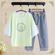 Student summer suit female casual sports two-piece set 2020 junior high school students cute top T-shirt female 15-17