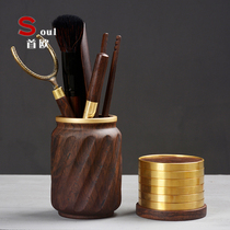 Copper wood tea ceremony six gentlemen set Whole piece of ebony paint-free pure copper Kung Fu tea accessories Pen holder tea cup pad
