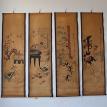 Antique old calligraphy and painting Chinese painting Mural Ink plum orchid bamboo chrysanthemum four screen decorative painting Living room hanging painting has been mounted