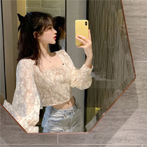2021 summer new retro square collar lace mesh top womens design sense niche short shirt exquisite small shirt