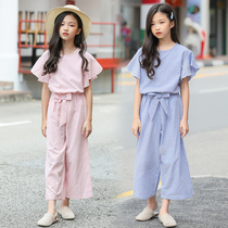 girls' two piece summer children's clothing cotton striped wide leg pants loose flared sleeve jacket