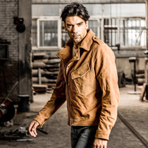 AVFLY leather leather mens lapel zipper flip-up cowhide jacket big diagonal pocket locomotive jacket men