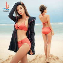 Sanqi swimsuit Bikini sexy three-point small fragrance Black split three-piece set spa small chest gathered swimsuit