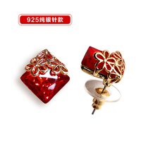 Fashion diamond-shaped red crystal sterling silver pin earrings exquisite sapphire ear clips retro palace exaggerated square earrings