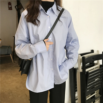 Korean version loose blue formal shirt womens 2021 Spring new design niche shirt Western style long-sleeved top