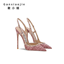 Dare Miss 2022 new European and American crocodile tattoo sandals fine heel pointed sexy temperament rivet shoes rear empo heels