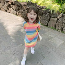 Small pudding childrens dress 2022 new girl summer dress cotton T - shirt childrens air rainbow short sleeve dress