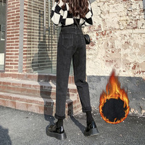 High waisted denim women winter plus velvet 2021 new fat mm slim high Haren pants radish pants elastic black Gray