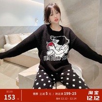 Black Apple Princess soft cotton long sleeve trousers cartoon pajamas women autumn and winter Korean casual thick home clothes
