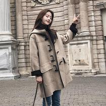 Long cashmere woolen coat womens 2020 Autumn and Winter new large size womens hooded horn button woolen coat