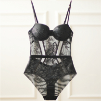 Sexy bra pajamas women gather perspective net gauze temptation nightgown underwear lace one-piece embroidery back date